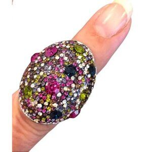 Multicolor Crystal Dome Cocktail Ring Size 7 With Silver-Toned Base For Women